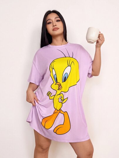 LOONEY TUNES X SHEIN Camisola de dormir feminina plus size com estampa de desenho animado fofo e caimento solto, verão