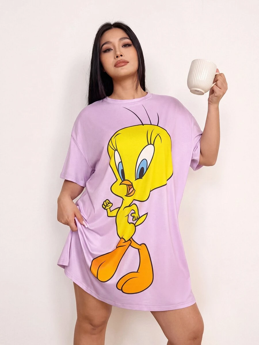 LOONEY TUNES X SHEIN 大尺碼女款夏秋季 Y2K 熱帶風 Cleanfit 時髦可愛復古復古休閒度假風返校穿搭可愛睡裙 - 紫色 - 查看 1