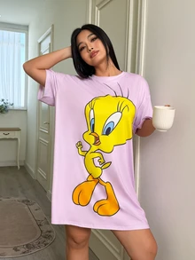 LOONEY TUNES X SHEIN 大尺碼女款夏秋季 Y2K 熱帶風 Cleanfit 時髦可愛復古復古休閒度假風返校穿搭可愛睡裙 - 紫色 - 查看 5