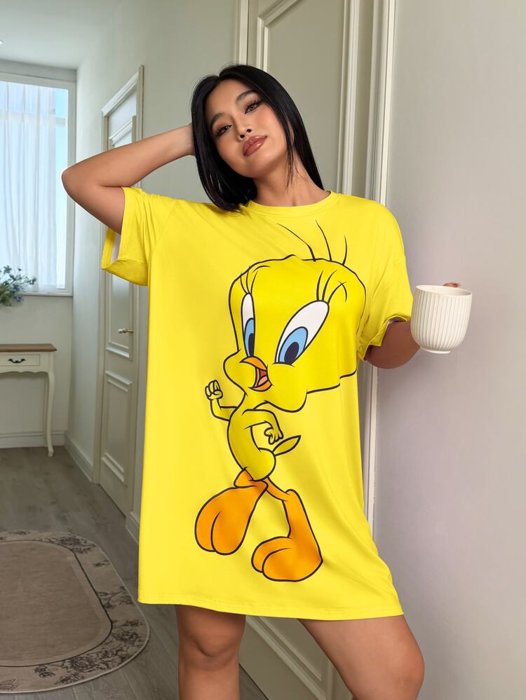 LOONEY TUNES X SHEIN 大码女式卡通印花圆领睡衣 - 黃色 - 查看 5