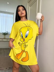 LOONEY TUNES X SHEIN Plus Size Women Cartoon Print Round Neck Nightgown, - Yellow - View 3