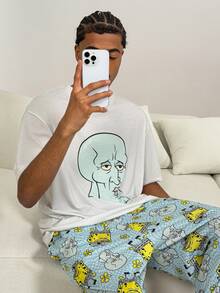 SpongeBob SquarePants | SHEIN 男士趣味卡通印花落肩宽松上衣和裤子家居服套装 - 淺灰色 - 查看 3