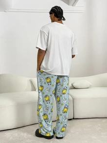 SpongeBob SquarePants | SHEIN 男士趣味卡通印花落肩宽松上衣和裤子家居服套装 - 淺灰色 - 查看 2