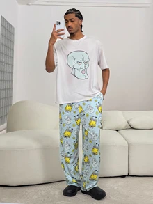 SpongeBob SquarePants | SHEIN 男士趣味卡通印花落肩宽松上衣和裤子家居服套装 - 淺灰色 - 查看 4