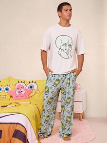 SpongeBob SquarePants | SHEIN 男士趣味卡通印花落肩宽松上衣和裤子家居服套装 - 淺灰色 - 查看 1