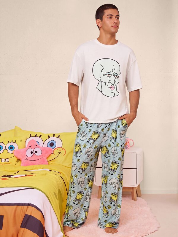 SpongeBob SquarePants | SHEIN 男士趣味卡通印花落肩宽松上衣和裤子家居服套装