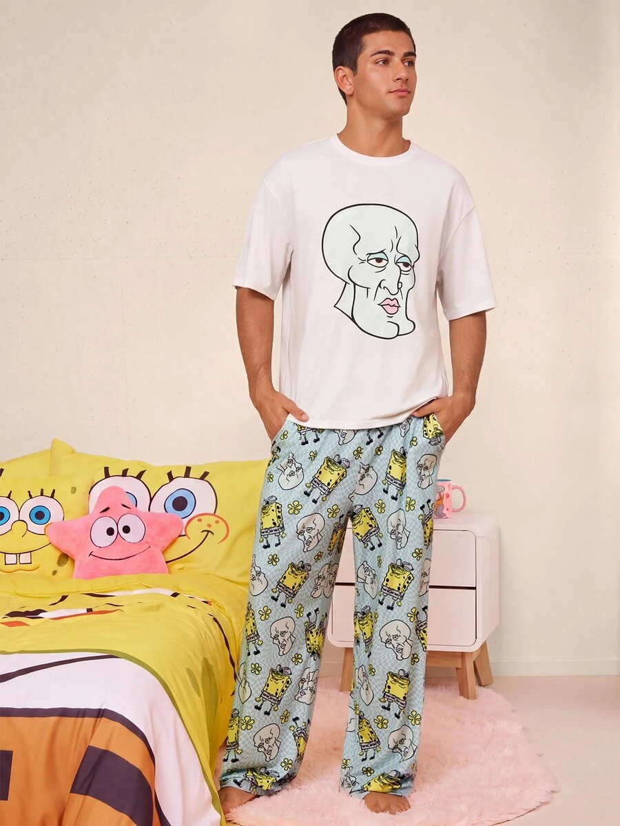 SpongeBob SquarePants | SHEIN 男士趣味卡通印花落肩宽松上衣和裤子家居服套装 - 淺灰色 - 查看 1