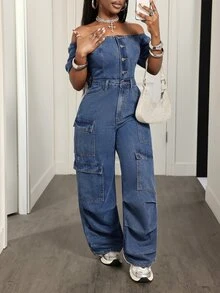 Slaydiva Jumpsuit Denim Kasual Wanita Lengan Pendek Model Bahu Terbuka dengan Kancing Tunggal dan Kantong Kargo - Biru - View 6