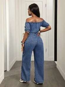 Slaydiva Jumpsuit Denim Kasual Wanita Lengan Pendek Model Bahu Terbuka dengan Kancing Tunggal dan Kantong Kargo - Biru - View 2