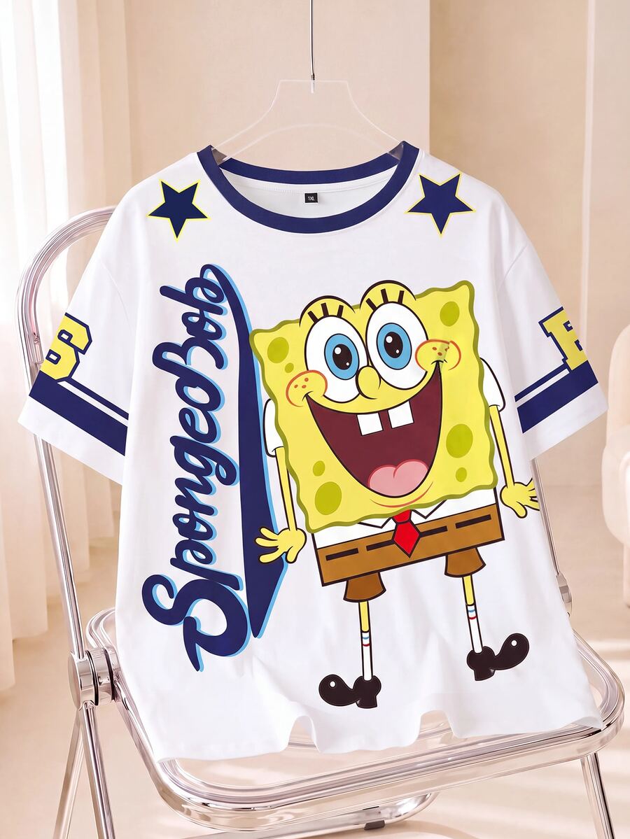 SpongeBob SquarePants | SHEIN 大尺碼女款字母印花短袖休閒T恤 - 白色 - 查看 1