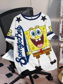 SpongeBob SquarePants | SHEIN 大尺碼女款字母印花短袖休閒T恤 - 白色 - 查看 3