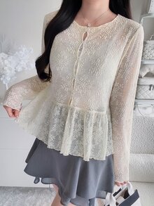 FRIFUL Women's Solid Color Round Neck Casual Romantic Elegant Versatile Daily Wear Top Autumn Date Night White - Beige - View 9