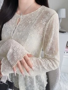 FRIFUL Women's Solid Color Round Neck Casual Romantic Elegant Versatile Daily Wear Top Autumn Date Night White - Beige - View 8