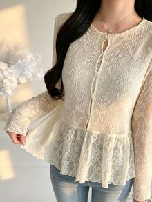 FRIFUL Women's Solid Color Round Neck Casual Romantic Elegant Versatile Daily Wear Top Autumn Date Night White - Beige - View 2