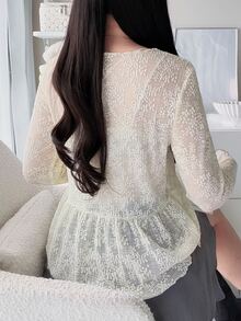 FRIFUL Women's Solid Color Round Neck Casual Romantic Elegant Versatile Daily Wear Top Autumn Date Night White - Beige - View 4