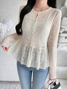 FRIFUL Women's Solid Color Round Neck Casual Romantic Elegant Versatile Daily Wear Top Autumn Date Night White - Beige - View 7