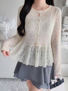 FRIFUL Women's Solid Color Round Neck Casual Romantic Elegant Versatile Daily Wear Top Autumn Date Night White - Beige - View 3