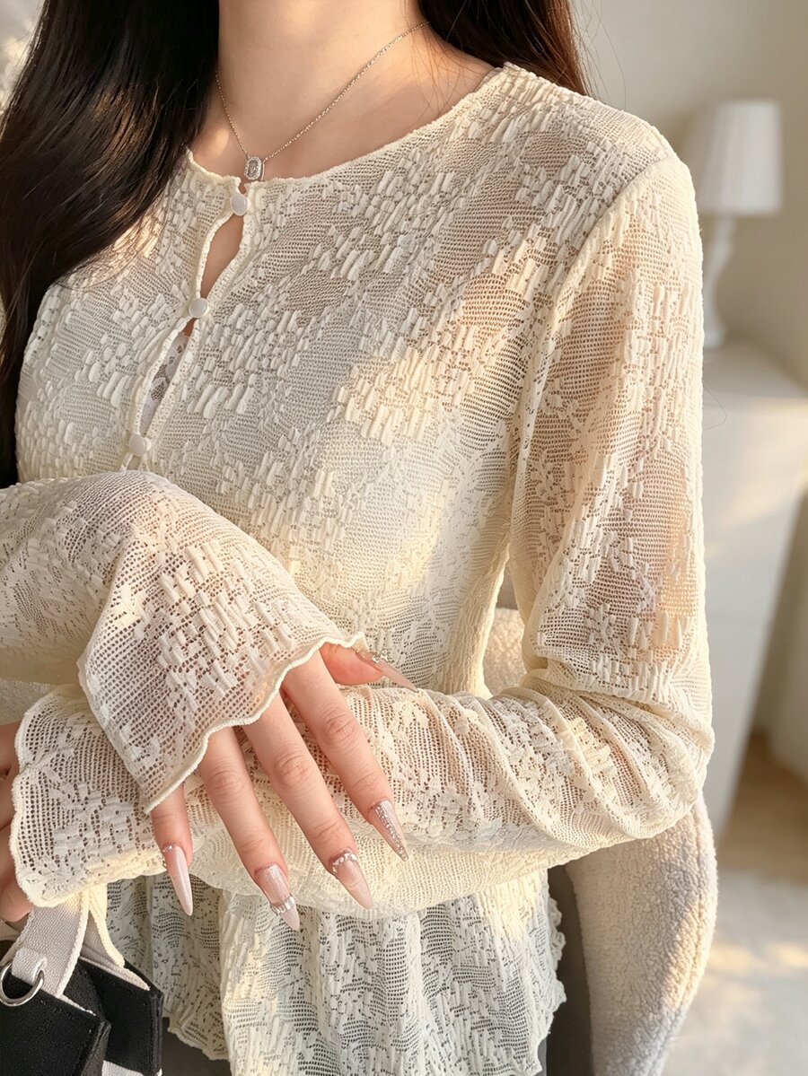 FRIFUL Women's Solid Color Round Neck Casual Romantic Elegant Versatile Daily Wear Top Autumn Date Night White - Beige - View 1