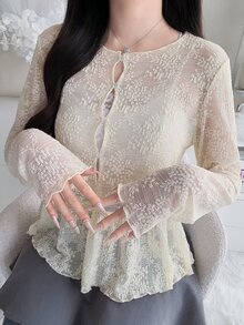 FRIFUL Women's Solid Color Round Neck Casual Romantic Elegant Versatile Daily Wear Top Autumn Date Night White - Beige - View 5