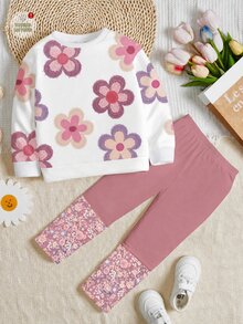 女童休閒可愛紋理碎花軟厚圓領長袖衛衣與花卉拼接內搭褲2件套，適合秋冬，街頭風、龐克、復古、老錢風、哥德風秋季穿搭 - 彩色 - 查看 2