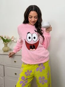 SpongeBob SquarePants | SHEIN 女士冬季卡通刺绣落肩泰迪上衣和裤子睡衣套装，秋装 - 粉色 - 查看 7