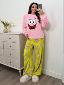 SpongeBob SquarePants | SHEIN 女士冬季卡通刺绣落肩泰迪上衣和裤子睡衣套装，秋装 - 粉色 - 查看 5