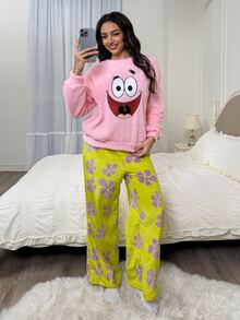 SpongeBob SquarePants | SHEIN 女士冬季卡通刺绣落肩泰迪上衣和裤子睡衣套装，秋装 - 粉色 - 查看 3