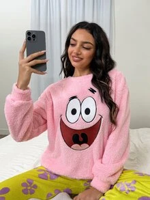 SpongeBob SquarePants | SHEIN 女士冬季卡通刺绣落肩泰迪上衣和裤子睡衣套装，秋装 - 粉色 - 查看 4