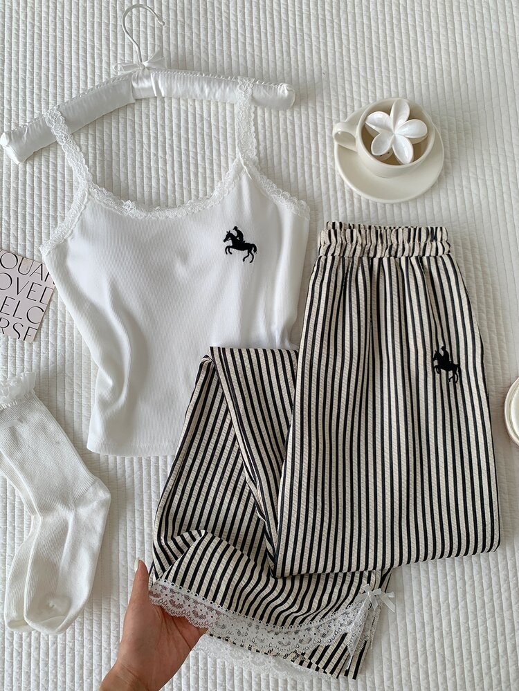 Comfortcana Conjunto de 2 piezas para mujer con camisola casual con ribete de encaje y pantalones a rayas en blanco y negro, para volver a la escuela, descanso y verano - Blanco y Negro - Añade 5