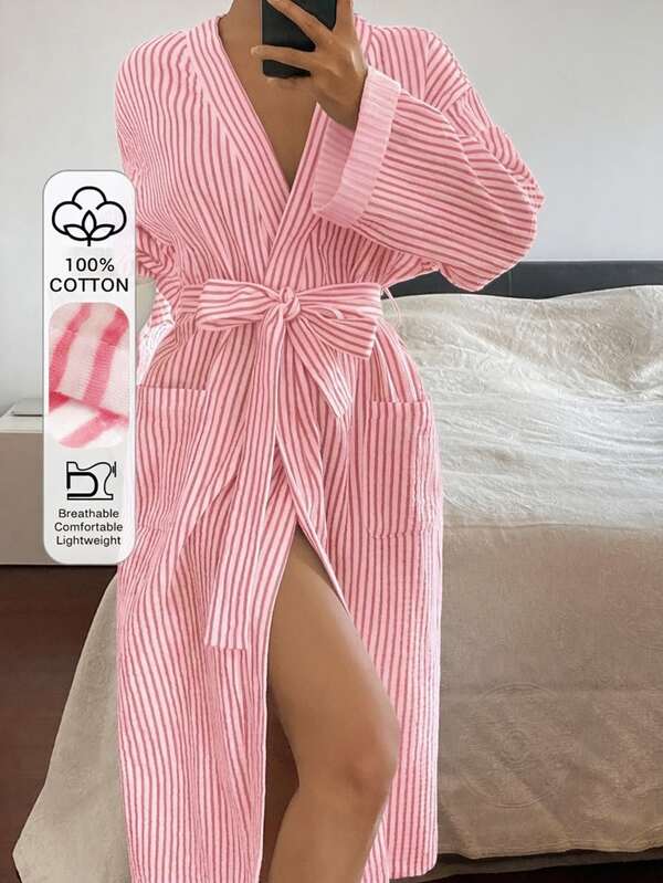 DAZY Pink Striped Loose Long Women Robe, Spring & Summer Sleepwear Pajamas