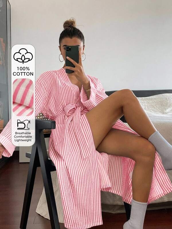 DAZY Pink Striped Loose Long Women Robe, Spring & Summer Sleepwear Pajamas