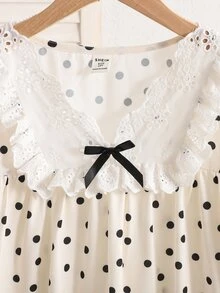 SHEIN 兒童青少年女孩優雅可愛套裝復古刺繡蕾絲飾邊黑白波點長袖A字洋裝睡裙秋季穿搭 - 杏色 - 查看 4