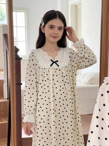 SHEIN 兒童青少年女孩優雅可愛套裝復古刺繡蕾絲飾邊黑白波點長袖A字洋裝睡裙秋季穿搭 - 杏色 - 查看 7