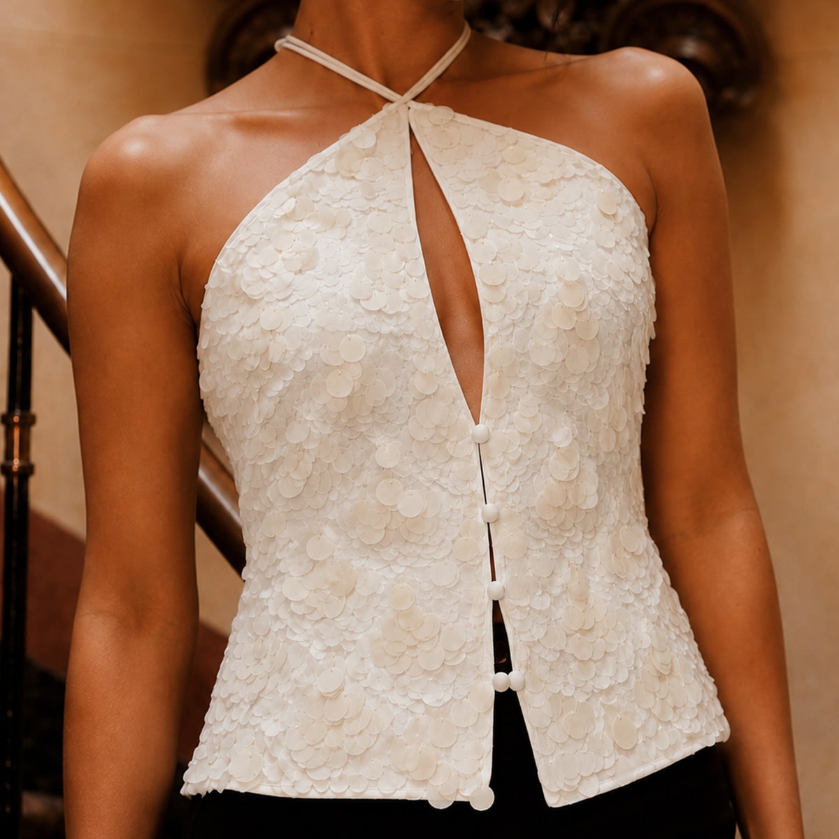 Ivory Halter Neck Sleeveless Cutout Sequin Top, view 9