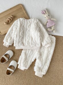 SHEIN Playful Pals 3件組女嬰衛衣長褲套裝，可愛甜美白色粉色兔子蝴蝶結毛茸茸長袖圓領加厚冬季派對保暖公主熊耳帽 - 白色 - 查看 3