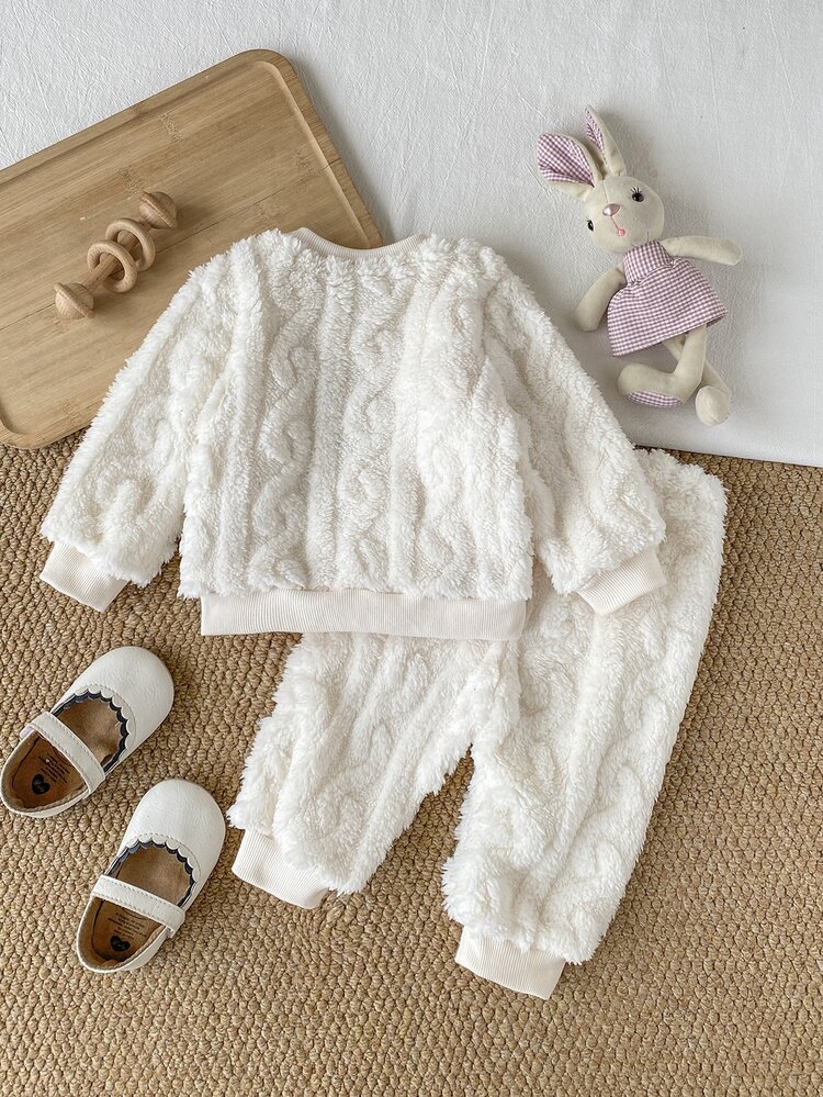 SHEIN Playful Pals 3pcs Baby Girls Sweatshirt Pants Set Cute Sweet White Pink Rabbit Bow Fuzzy Long Sleeve Round Neck Thick Party Winter Cozy Princess Bear Ears Hat - White - View 2