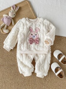 SHEIN Playful Pals 3件組女嬰衛衣長褲套裝，可愛甜美白色粉色兔子蝴蝶結毛茸茸長袖圓領加厚冬季派對保暖公主熊耳帽 - 白色 - 查看 8