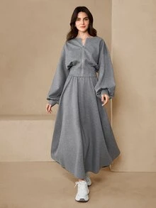 Graceveil Women's Grey Casual Elegant Knitted Fabric Two Pieces Set With Zipper Long Bishop Sleeve Jacket And Skirt Round Neck Everyday Date Autumn - Grey - View 8