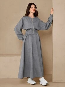Graceveil Women's Grey Casual Elegant Knitted Fabric Two Pieces Set With Zipper Long Bishop Sleeve Jacket And Skirt Round Neck Everyday Date Autumn - Grey - View 5