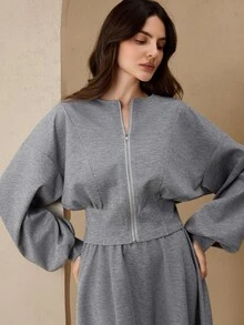 Graceveil Women's Grey Casual Elegant Knitted Fabric Two Pieces Set With Zipper Long Bishop Sleeve Jacket And Skirt Round Neck Everyday Date Autumn - Grey - View 7
