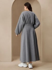 Graceveil Women's Grey Casual Elegant Knitted Fabric Two Pieces Set With Zipper Long Bishop Sleeve Jacket And Skirt Round Neck Everyday Date Autumn - Grey - View 3