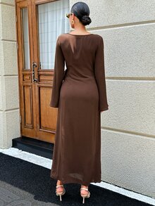 MaterniWear 孕婦純色圓領百褶休閒日常夏季連身裙 秋季 - 棕色 - 查看 6