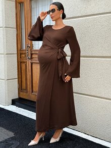 MaterniWear 孕婦純色圓領百褶休閒日常夏季連身裙 秋季 - 棕色 - 查看 8