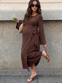 MaterniWear 孕婦純色圓領百褶休閒日常夏季連身裙 秋季 - 棕色 - 查看 2