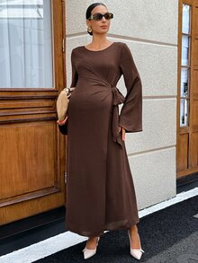 MaterniWear 孕婦純色圓領百褶休閒日常夏季連身裙 秋季 - 棕色 - 查看 9