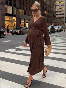 MaterniWear 孕婦純色圓領百褶休閒日常夏季連身裙 秋季 - 棕色 - 查看 3