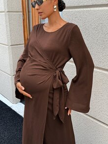 MaterniWear 孕婦純色圓領百褶休閒日常夏季連身裙 秋季 - 棕色 - 查看 5