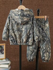 SHEIN Explorewe 返校季男童2件套休閒套裝，半拉鍊連帽長袖夾克，白色飾邊配寬/窄織帶，搭配梭織長褲，3D工裝口袋、白色寬織帶側飾邊與鬆緊腰，男童夏季長袖長褲套裝，男童服飾 - 彩色 - 查看 3