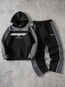 SHEIN Tween Boy Graphic Hooded Sweatshirt & Sweatpants 2 Pieces Set - Black - View 7