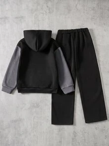 SHEIN Tween Boy Graphic Hooded Sweatshirt & Sweatpants 2 Pieces Set - Black - View 8